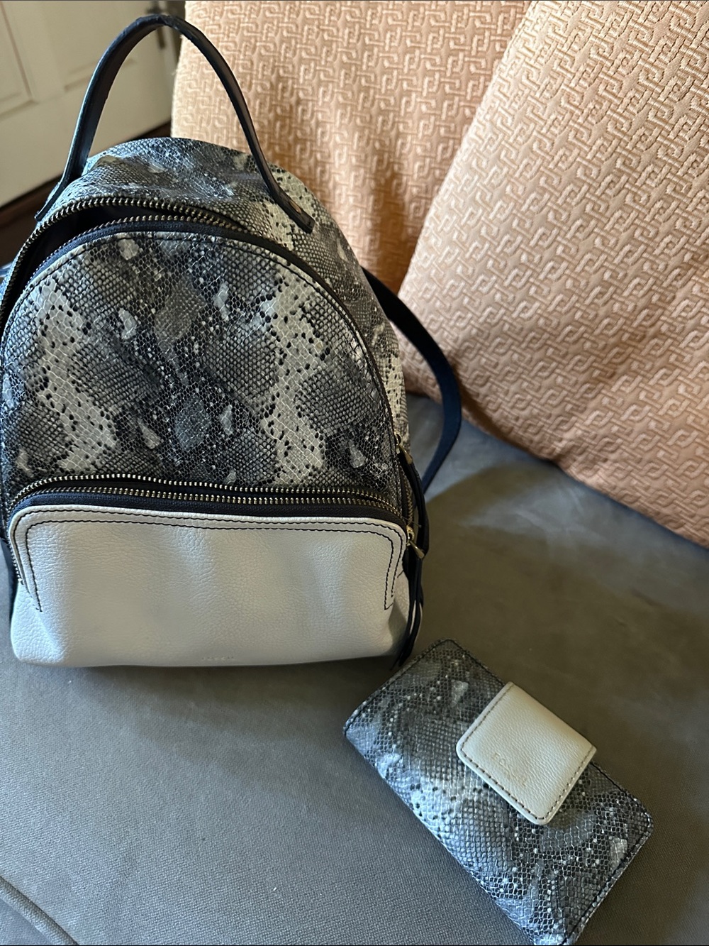 Fossil Snake-Print Mini Backpack in Black, Gray and Cream
